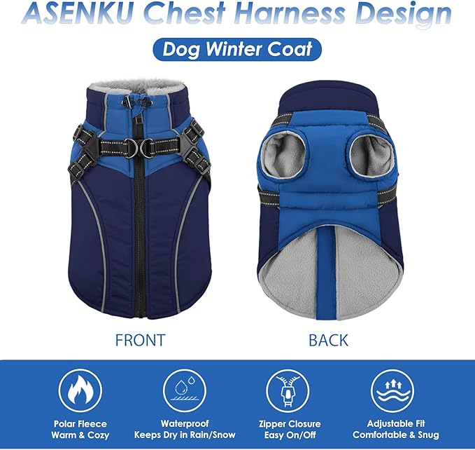 ASENKU Reflective Dog Coat with Built-in Harness, Windproof Fleece-Lined Dog Jacket for Small, Medium, Large Dogs, Warm Winter Vest with Turtleneck & Zipper (Navyblue 3XL)