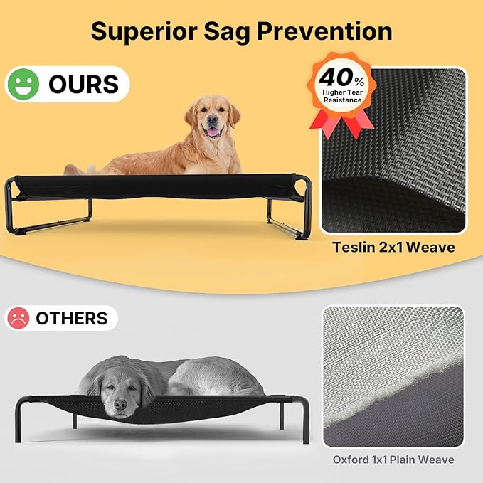 Veehoo Original Outdoor Elevated Dog Bed, Cooling Raised Dog Cot for Large Dogs, Portable Standing Pet Hammock Platform with Washable Breathable Mesh, No-Slip Feet, X-Large, Black, CWC2201
