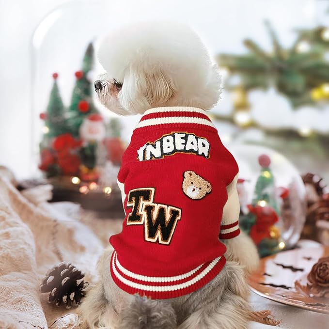 Small Dog Sweater Sweatshirt Cute Puppy Sweaters - Winter Red Warm Knitted Bear Design for Puppies (M)