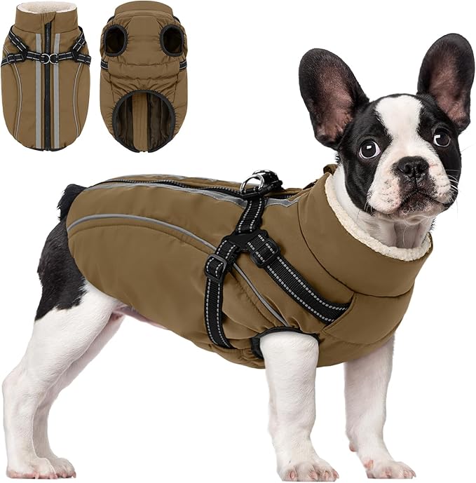 Dog Winter Coat with Harness Built in Warm Puffer Dog Jackets for Small Medium Large Dogs Windproof Waterproof Outfit with Plush Lining and Reflective Stripes (Brown, M)