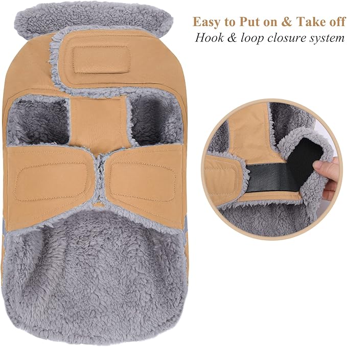 VIVAGLORY Frostfit Dog Coat, Dog Jacket for Winter & Cold Weather, Warm Fluffy Fleece Lined Water Resistant Reflective for Puppy, Coat with Velcro Fastening & Leash Hole, XS, Khaki