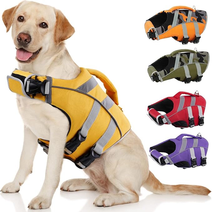 Kuoser Dog Life Jacket with Reflective Stripes - Adjustable High Visibility Vest, Ripstop Lifesaver, Pet Preserver with High Flotation Swimsuit for Small, Medium and Large Dogs