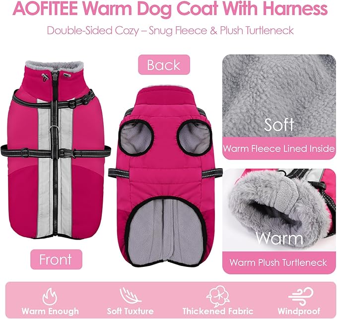 AOFITEE Dog Coat for Small Dogs, Warm Dog Winter Jacket with Harness Built in, Waterproof Small Winter Coat Dogs Reflective Cold Weather Coats for Chihuahua, Yorkshire, Hot Pink XS
