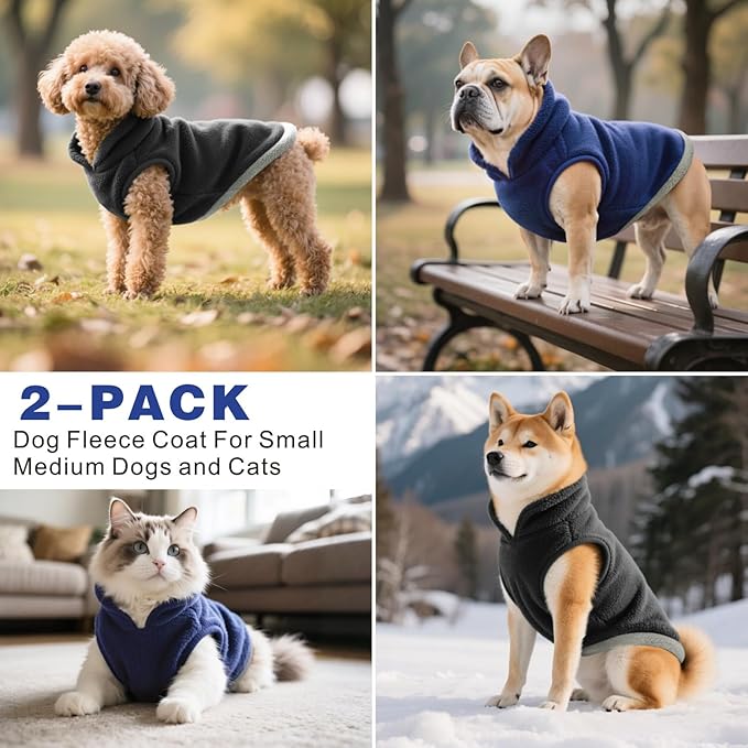 Idepet 2 Pack Dog Fleece Vest Sweater Warm Pullover Jacket with D-Ring Leash Reflective Winter Coat Hoodie for French Bulldog Pug Chihuahuas Yorkies Dachshunds(Black&Blue,XX-Large-French Bulldog)