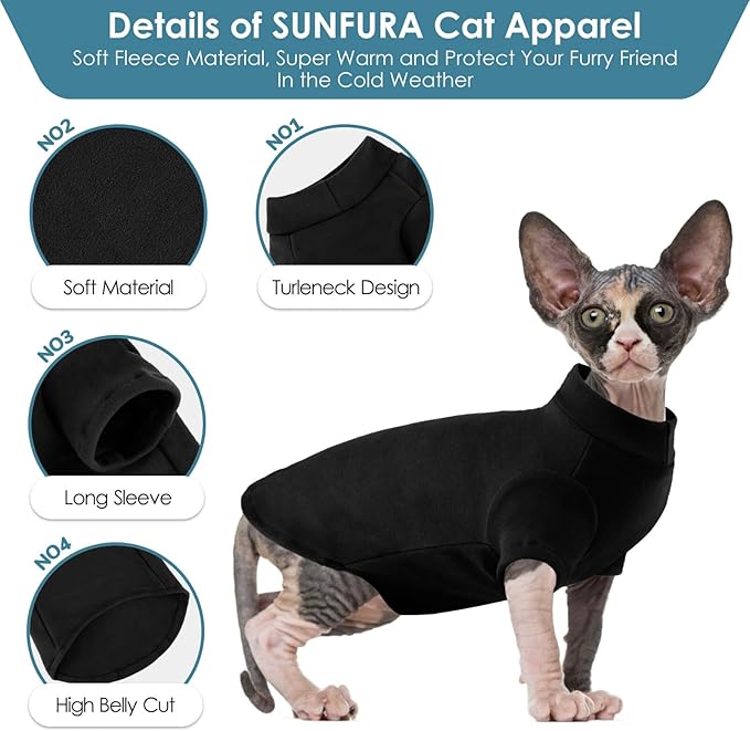 SUNFURA Turtleneck Sweater for Cat, Sphynx Cats Shirt Hairless Cat Sweaters with Sleeves, Warm and Soft Kitten Pullover Fleece Winter Pajamas Jumpsuit for Puppy Cats, Black L