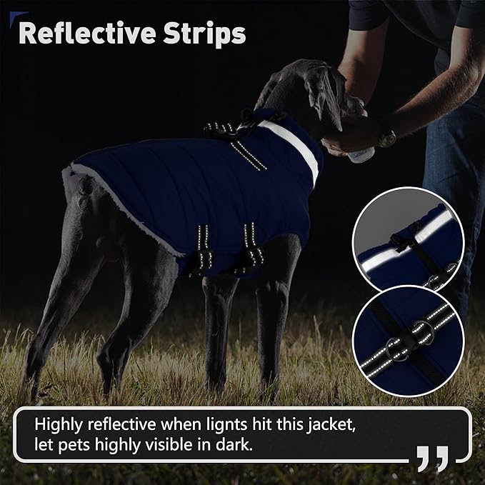 Dogcheer Dog Coat, Waterproof Dog Jacket with Harness, Reflective Adjustable Puppy Winter Coat with Zipper, Christmas Snow Jacket Clothes for Small Medium Large Dogs - Blue L