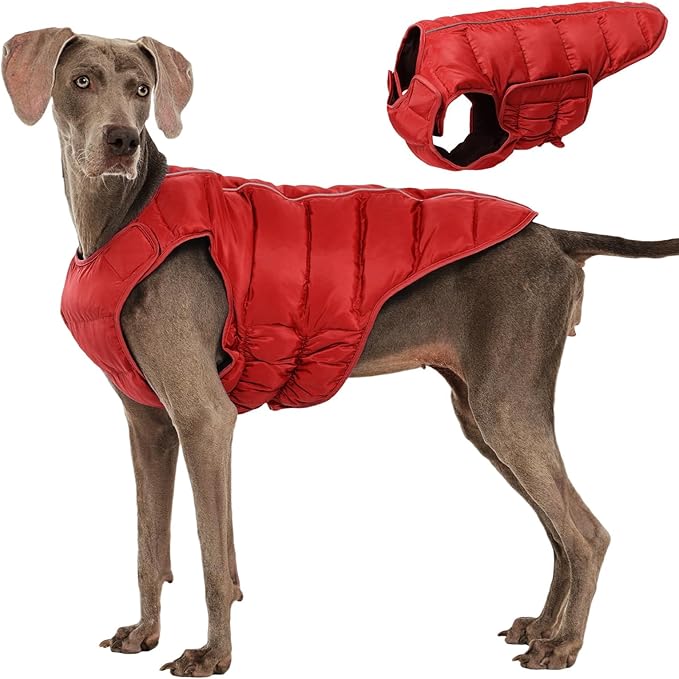 Kuoser Dog Puffer Jacket Warm Dog Coat for Extra Large Dogs, Windproof Reflective Pet Padded Vest Cold Weather Clothes Puppy Snowsuit with Hook & Loop Coats, Easy On/Off, Red 2XL
