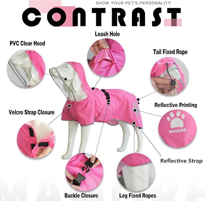 MAMORE Dog Raincoat Hooded Rain Jacket for Small Medium Large Dogs Slicker Poncho Bottom Waterproof Adjustable Reflective Breathable Leash Hole (Pink, X-Large)