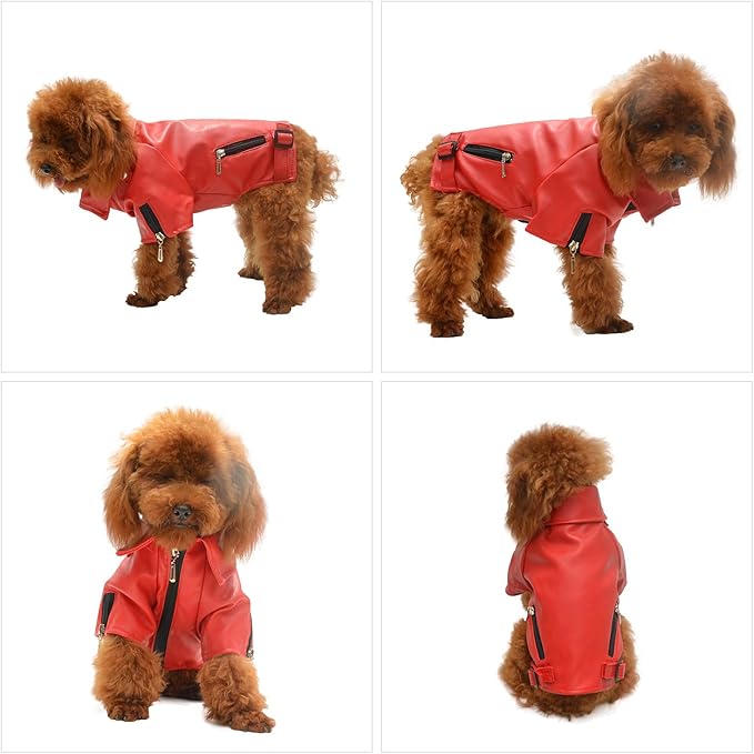 Lovelonglong Cool Dog Leather Jacket, Warm Coats Dogs Windproof Cold Weather Coats for Large Medium Small Dogs, Yorkshire Terrier Clothing Red S