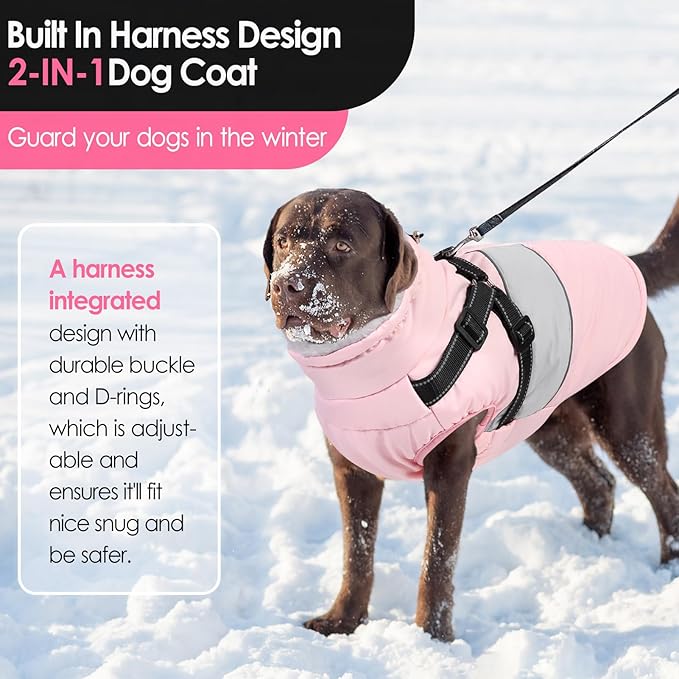 AOFITEE Dog Coat, Large Dog Jacket, Dogs Coat with Harness Built in, Reflective Waterproof Dogs Jackets Winter with Furry Collar, Warm Polar Fleece Pet Sweater Snowsuit for Doberman, Great Dane XXXL