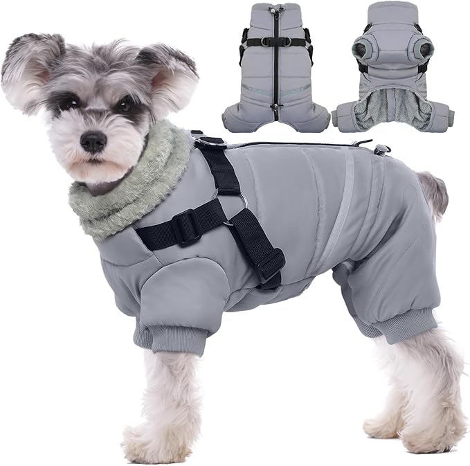 BRKURLEG Grey Dog Winter Coat, Cozy Winter Dog Jackets, Small Dogs Coat with Harness, Onesie Body Warm Puppy Jacket, Pet Reflective Windproof Cold Weather Jackets, Puppy Four-Legged Puffer Coats, L