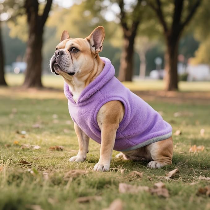 Idepet 2 Pack Dog Fleece Vest Sweater Warm Pullover Jacket with D-Ring Leash Reflective Winter Coat Hoodie for French Bulldog Pug Chihuahuas Yorkies Dachshunds(Purple&Pink,Large-French Bulldog)