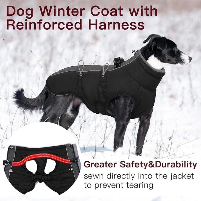 Dog Coat - XS, Warm Zip Up Snowsuit Dog Harness Vest, Reflective, Water-Resistant, Black