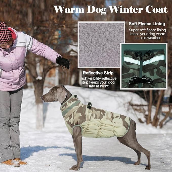 Lelepet Warm Dog Winter Coat Dog Coats for Large Dogs Waterproof Dogs Jacket with Harness Built in Reflective Cold Weather Coats Zip-Up Winter Fleece Vest Snowsuit Boston Terrier Desert Camo L