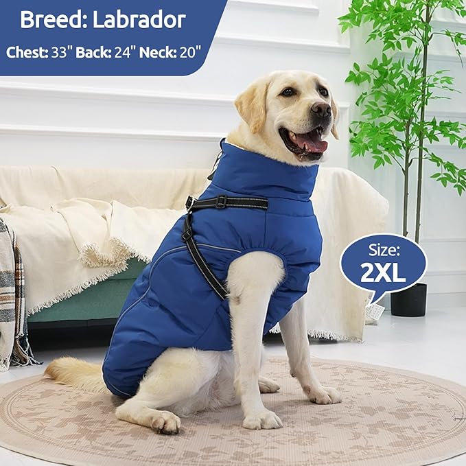 Dog Winter Coat with Harness Built in Warm Puffer Dog Jackets for Small Medium Large Dogs Windproof Waterproof Outfit with Plush Lining and Reflective Stripes (Brown, 2XL)