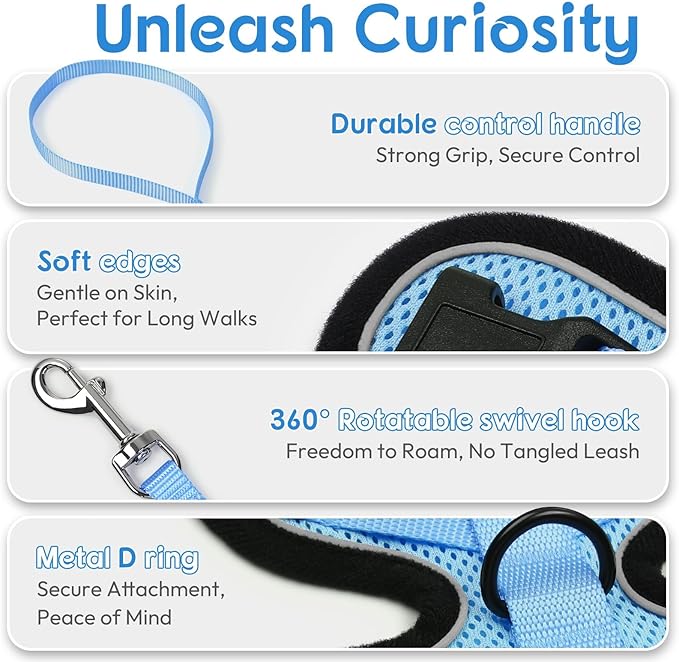 Dooradar Cat Harness and Leash Set, Escape Proof Safe Adjustable Kitten Vest Harnesses for Walking, Easy Control Soft Breathable Mesh Jacket with Reflective Strips for Cats, Light Blue, XXS