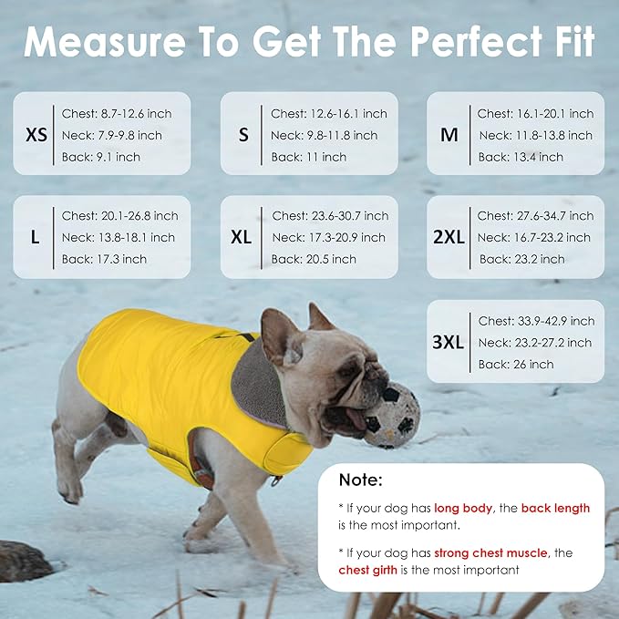Dog Winter Coat, Waterproof Dog Jacket with Leash Hole, Reflective Adjustable Pet Snow Vest, Warm Fleece Sweater for Small Medium Large Dogs - Yellow, XS