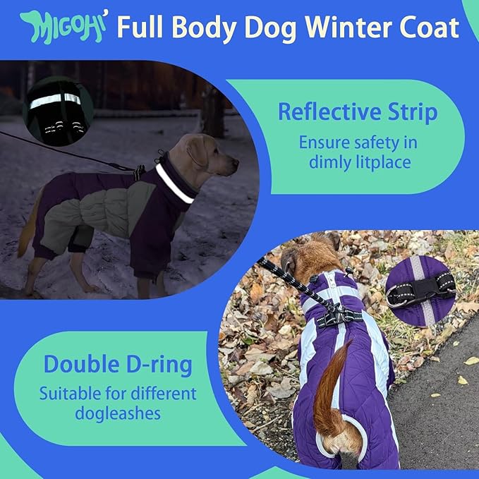 MIGOHI Full Body Dog Coat - Warm Reflective Small Dog Winter Coat with Harness, Turtleneck Fleece Jacket for Dogs,Four-Leg Windproof Puffer Jackets Snowsuit with Zipper for Small Medium Large Dogs,XS