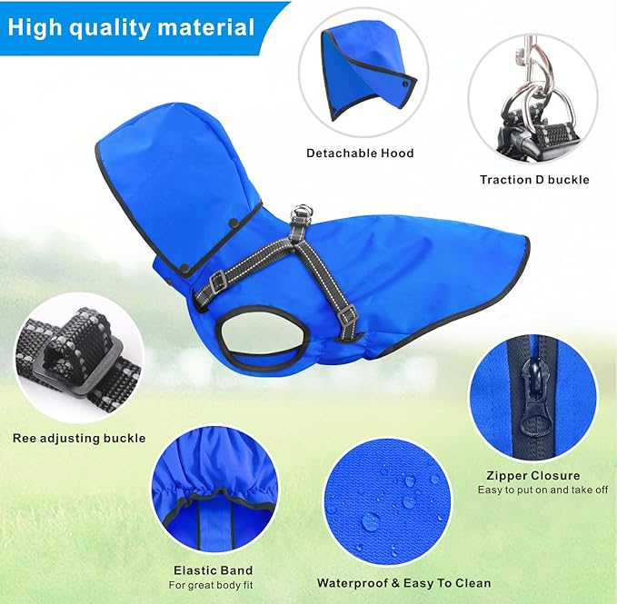 Mosucoirl Dog Raincoat Waterproof Dog Hoodie Reflective Doggie Raincoat Hooded Adjustable Rain Jacket for Small Medium Large Dogs Puppies Doggie Black Red Yellow Green (Blue, S)