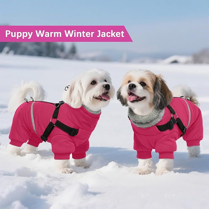 BRKURLEG Dog Winter Coat with Harness Built in, Winter Dog Jacket for Small and Medium Dogs, Small Dogs Snowsuit Reflective Windproof Cold Weather Coat, Puppy Warm Fleece Coats, Hot Pink, L