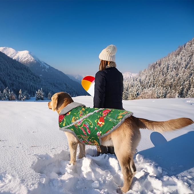 VIVAGLORY Snowrap Dog Coat, Jacket with Harness Hole & Velcro Closure, Dog Coat for Winter & Cold Weather, Fluffy Warm Fleece Lined Reflective Water Resistant for Puppy, XXS, Northeast Florals-Green