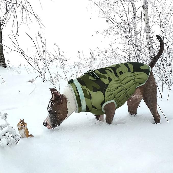 Lelepet Dog Coat Warm Dog Winter Coat Waterproof Dogs Jacket with Harness Built in Reflective Pet Fleece Vest Zip-Up Cold Weather Coats for Large Dogs Turtleneck & Windproof Coats Boxer Green Camo XL