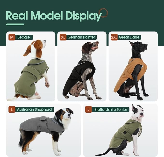 Kuoser Canvas Dog Coat, Warm Dog Jacket Reflective Fleece Pet Cold Weather Coat, Warm Doggie Clothes Waterproof Winter Vest with Zipper Leash Hole for Small Medium Large Dogs, Army Green 2XL