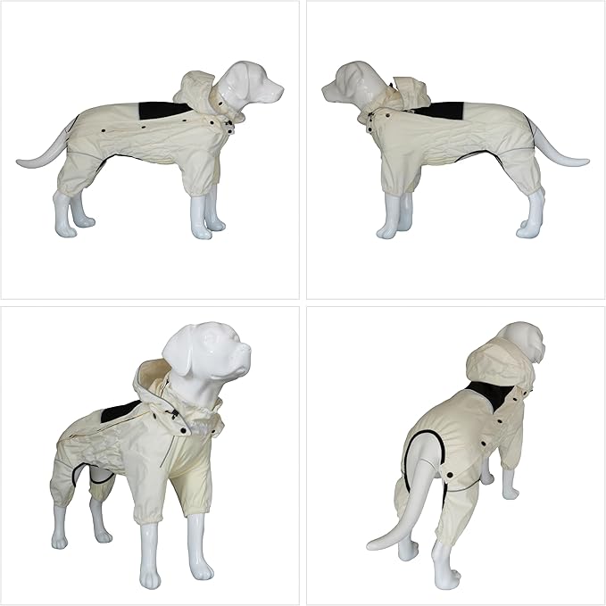 LOVELONGLONG Waterproof Dog Raincoat with Removable Hood – Outdoor Full Body Dog Jacket, Windproof Snowproof Shell Suit – All Season Pet Rain Gear Ivory 3XL