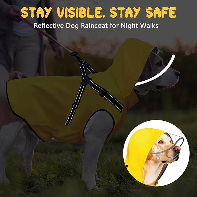 Dog Raincoat: Dog Rain Jacket with Reflective Harness & Removable Hood | Waterproof Dogs Rain Coat Poncho for Large Medium Small Dogs Puppies (Yellow - XL)