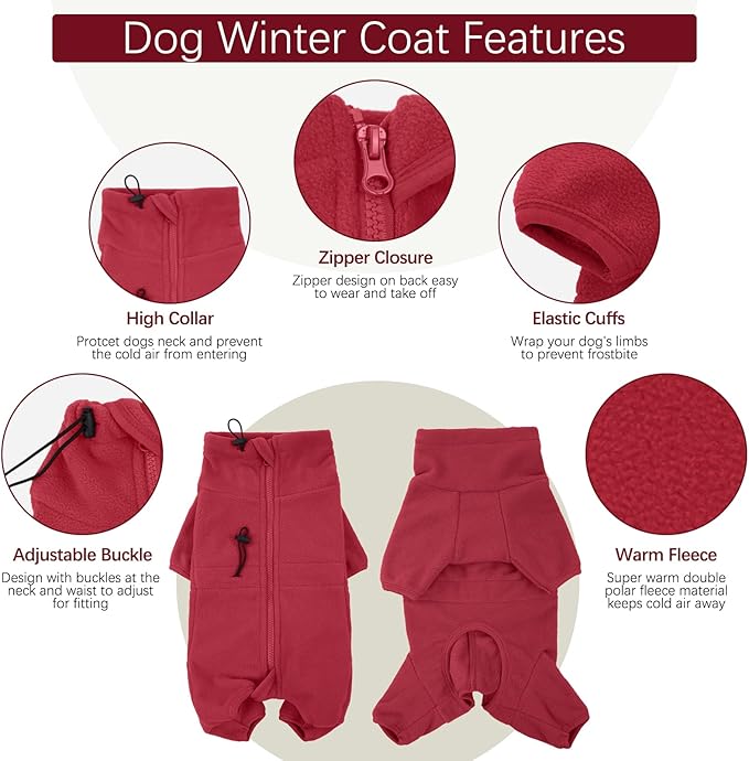 ROZKITCH Small Dog Fleece Pajamas, Pet Windproof Warm Cold Weather Jacket Vest Cozy Jumpsuit Apparel Outfit Clothes for Small Medium Large Dog Walking Hiking Sleep Red S
