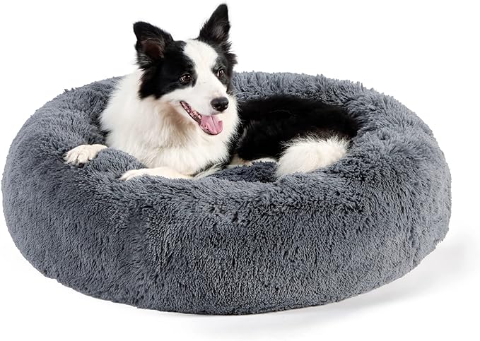 Bedsure Calming Dog Bed for Large Dogs - Donut Washable Large Pet Bed, 36 inches Anti-Slip Round Fluffy Plush Faux Fur Dog Bed, Fits up to 80 lbs Pets, Dark Grey