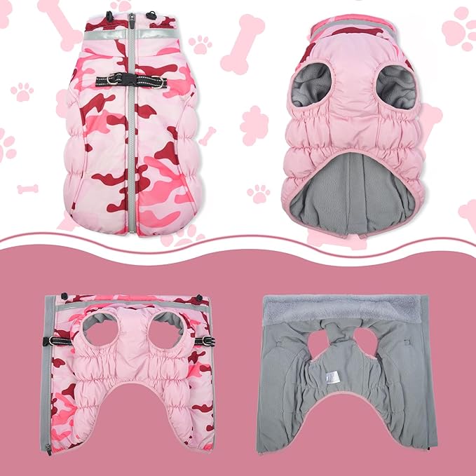Lelepet Warm Dog Winter Coat Dog Coats for Medium Dogs Waterproof Dogs Jacket with Harness Built in Reflective Cold Weather Coats Windproof Zip-Up Winter Fleece Vest Snowsuit Dachshund Pink Camo