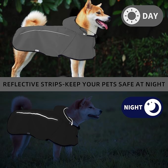 Mile High Life Dog Raincoat, Adjustable Waterproof Pet Rain Jacket, Reflective Hooded Poncho for Small Medium Large Dogs, Lightweight Breathable Pet Rain Coat (Dark Gray,S Chest 18"-22")