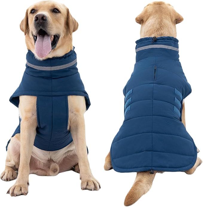Dog Coat, Waterproof Winter Jacket, Warm Windproof Vest, Reflective Adjustable Turtleneck Coats for Large Dogs with Hook & Loop - Blue - XL