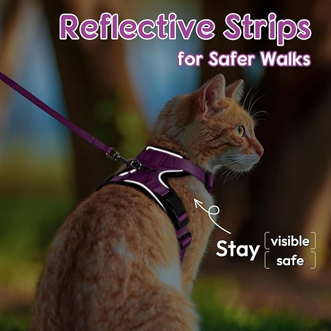 Dooradar Cat Harness and Leash Set, Escape Proof Safe Adjustable Kitten Vest Harnesses for Walking, Easy Control Soft Breathable Mesh Jacket with Reflective Strips for Cats, Purple, M
