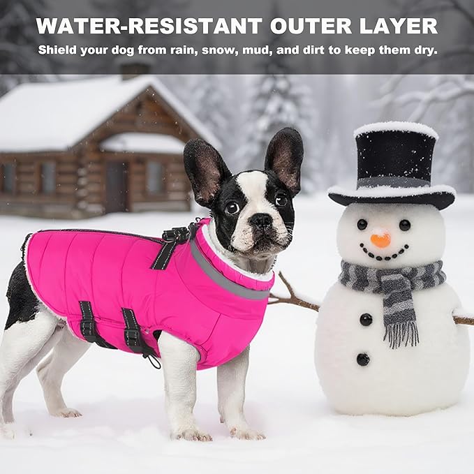 Large Dog Coat with Harness Built-in, Waterproof Reflective Fleece Lined - Warm Windproof Winter Jacket with Back Zipper, Cold Weather Snow Dog Coats - Pink - XL