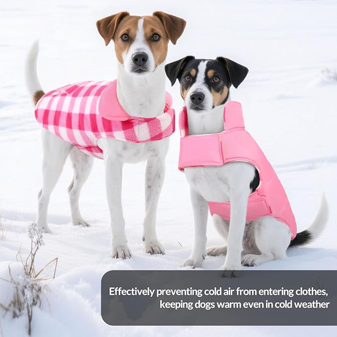 ASENKU Dog Winter Coat, Fleece Doggie Jacket Plaid Reversible Vest Waterproof Windproof Cold Weather Clothes for Small Medium Large Dogs (XXL, Pink)