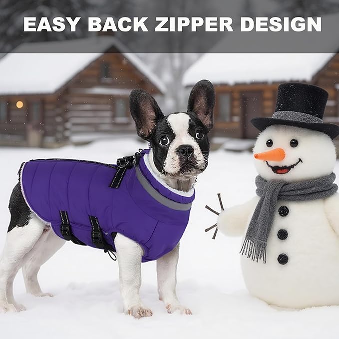 Large Dog Coat with Harness Built-in, Waterproof Reflective Fleece Lined - Warm Windproof Winter Jacket with Back Zipper, Cold Weather Snow Dog Coats - Purple - XL