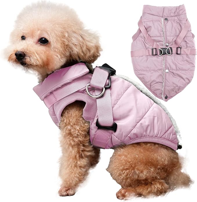 Dog Jacket with Harness,Fleece Lined Warm Puppy Coat for Winter,Soft Windproof Large Dog Vest,Light Pink XXXL