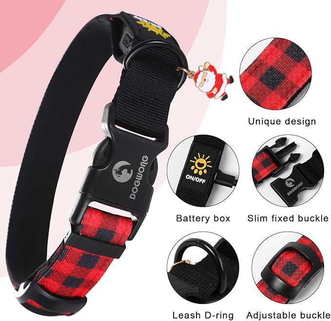 DOGWONG LED Dog Collar - Christmas Red Plaid Heavy Duty Light up Dog Collars - Rechargeable Waterproof - Lighted Dog Collars for Night Walking, Hiking, Camping(Red Plaid,L)