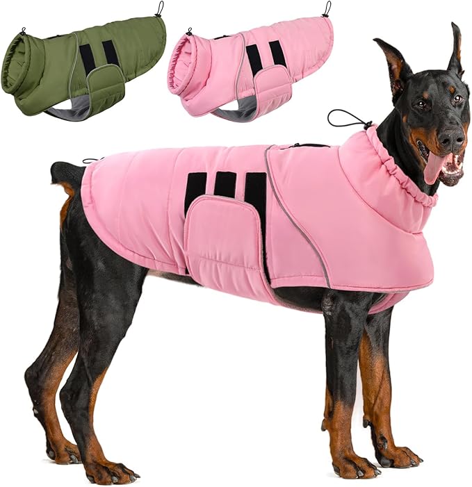 ASENKU Extra Warm Dog Coat - Winter Jacket with Fleece, Reflective, Adjustable, Zippered Leash Hole for Large Dogs, Turtleneck (Pink, 4XL)