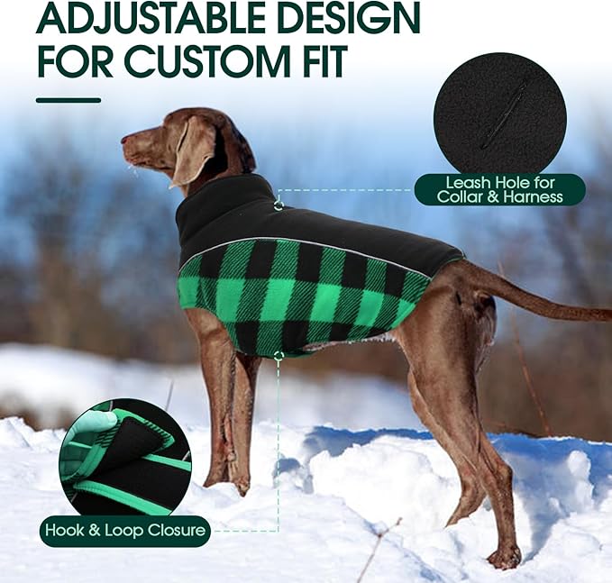 Kuoser Dog Winter Coat, Reversible Waterproof Dog Jacket with Reflective Strip, Warm Dogs Fleece Vest Adjustable Doggy Cold Weather Clothes Plaid Christmas Outfit Pet Apparel for Large Dogs, Green XL