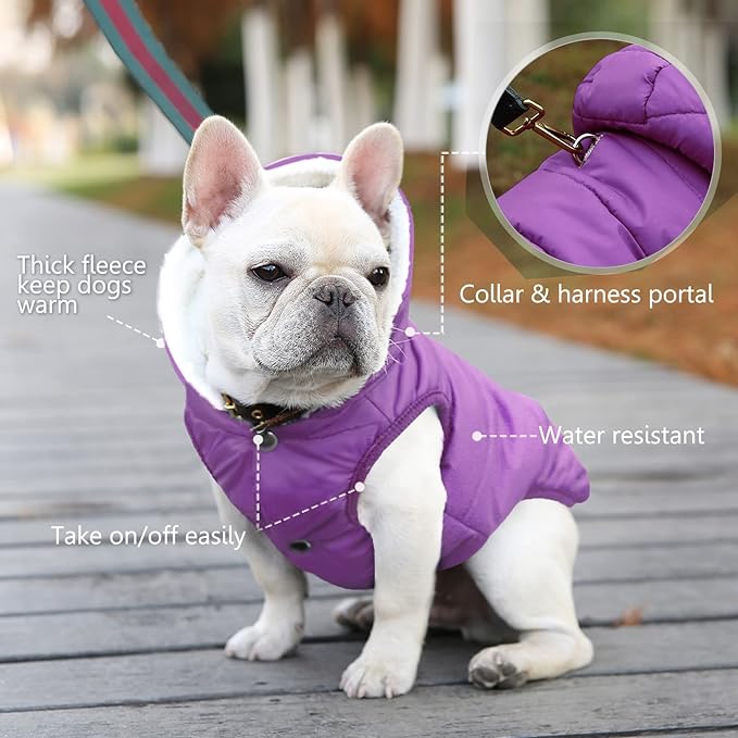 Dog Fleece Hoodie, Windproof Waterproof Dog Coat, Winter Warm DogsJacket, Cold Weather Pet Apparel Clothes Vest for Small Medium(M, Purple)
