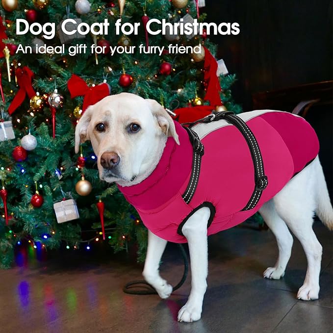 SUNFURA Dog Coat, Dog Jacket for Large Dogs with Harness Built in, Warm Pet Winter Coat Zip Up Snow Jacket with Furry Collar for Boston Terrier, French Bulldogs, Hot Pink L