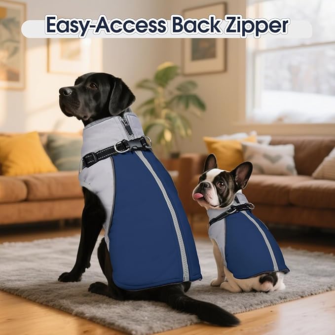 DENTRUN Dog Coat with Harness Built in, Easy On/Off Zipper Closure Winter Dog Vest, Water-Repellent Fleece Lined Warm Jacket with Reflective for Medium Dogs, Dark Blue, L