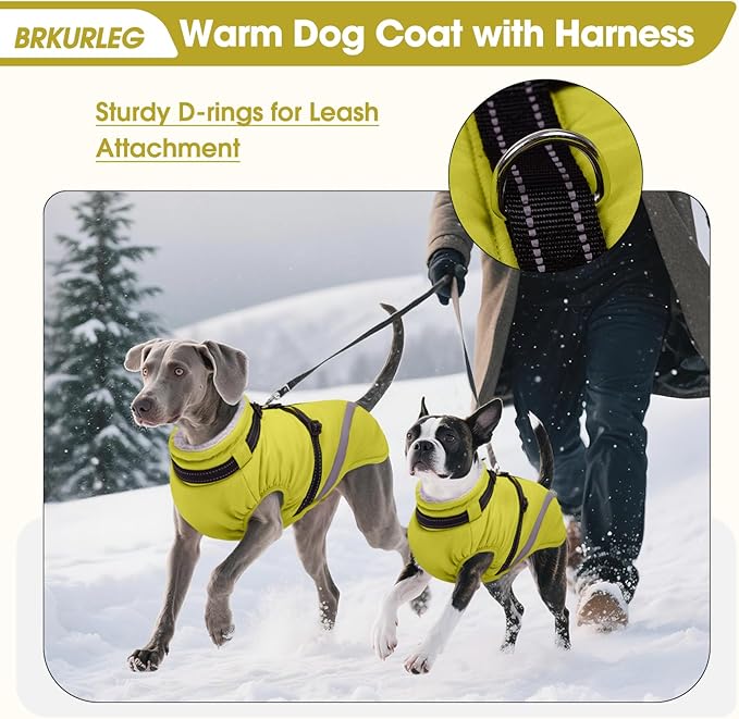 BRKURLEG Dog Winter Jackets for Large Dogs, Dog Coat with Harness Built in, Dogs Snowsuits with Zipper, Waterproof Windproof Pet Puffer Jacket Fleece Vest for Labrador, German Shepherd, Green XXXL