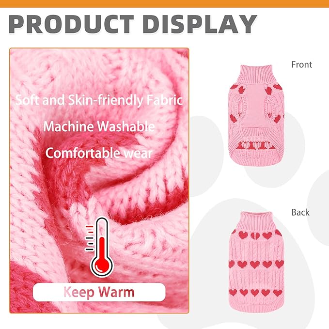 KOOLTAIL Cable Knit Dog Sweater Turtleneck, Cold Weather Pullover Classic Knitwear, Snowflake Pattern Thick Warm Winter Pet Clothes,Dog Christmas Sweater for Small Medium Large Dogs,Pink Heart M