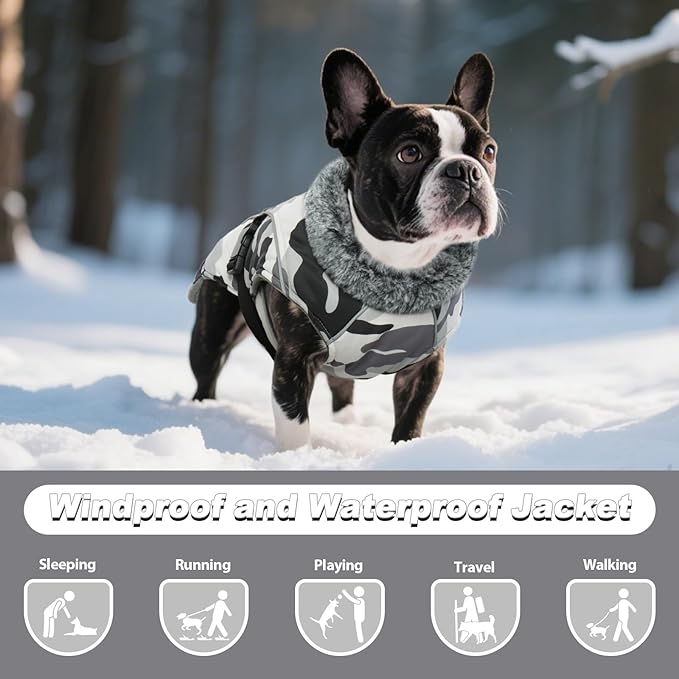 DENTRUN Extra Large Warm Dog Jacket - Windproof Water Repellent Reflective Coat, Adjustable Plush Turtleneck, Easy Wear Fleece Lined Cold Weather Vest for Great Dane, White Camo, XXXL