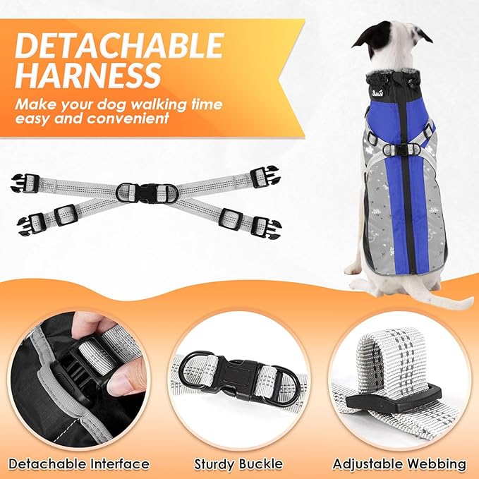 SlowTon Dog Jacket with Harness Built in - Waterproof Fleece Winter Warm Dog Coats for Small Medium Dogs, Reflective Adjustable Furry Puppy Vest Clothes for Outdoor Walking (Blue,XL)