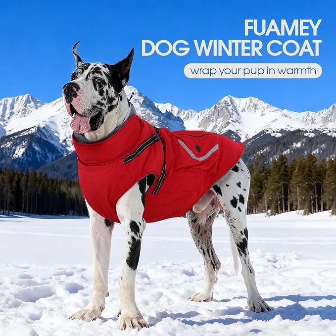 FUAMEY Winter Dogs Coat with Back Zipper, Reflective Dog Jacket with Pop Bag Pockets, Thermal Doggies Vest Warm Clothes Fleece Lined, Extra Large Doggy Cold Weather Coats, Shiba Inu (Red, XL)
